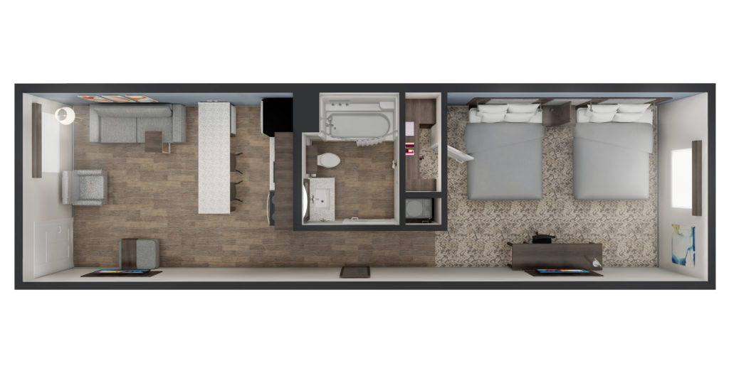 Overhead room layout of double queen suite