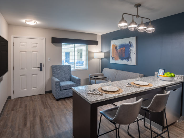 View of kitchen and living room