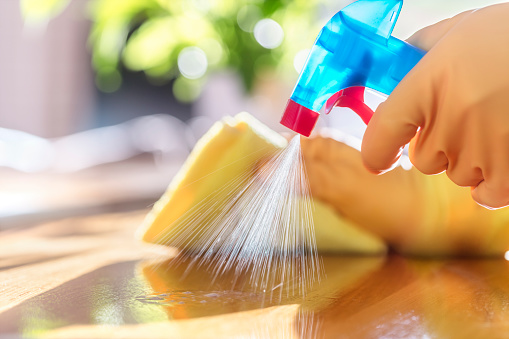 Cleaning with spray detergent, rubber gloves and cloth